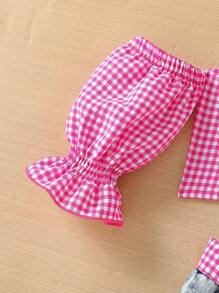 SHEIN Young Girl Plaid Open Shoulder Top And Ripped Shorts Set - Hot Pink - View 3