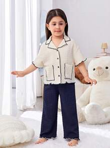 SHEIN Young Girl Loose And Cute Color-Blocking Collar-Turned Short Sleeve Shirt And Wide Leg Pants Pajama Set, 2pcs - Navy Blue - View 3