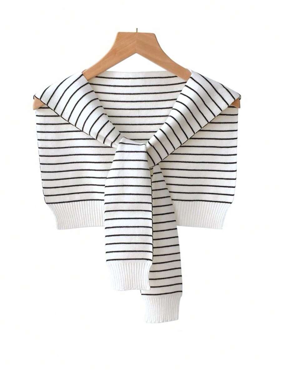 DAZY Women's Striped Poncho, Business Casual Knitted Top,Ruffle - White - View 1