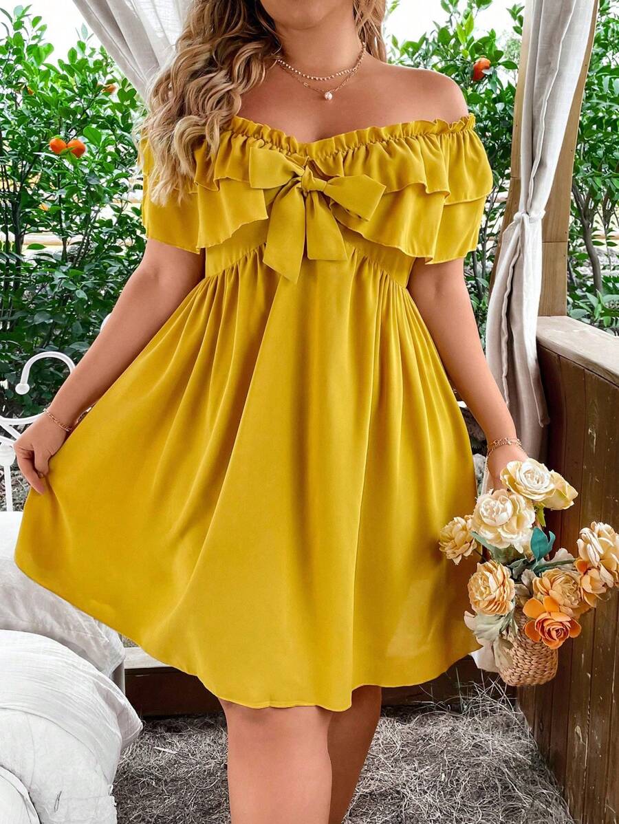 Flirla Plus Size Solid Color Off Shoulder Ruffle Hem Tie Dress - Yellow - View 1