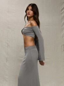 MUSERA Grey Knitted Twist Front Crop Top Spring Summer Brunch Cute Sexy Holiday Beach Ibiza Night Out Party Winter Chic - Grey - View 4