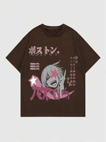 ROMWE MEN Camiseta de manga corta con estampado de anime para hombres, ideal para el verano - Café integral - Ver 1