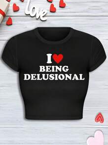 INAWLY 女士时尚圆领短袖 T 恤，印有情人节口号“我爱妄想” - 黑色 - 查看 3