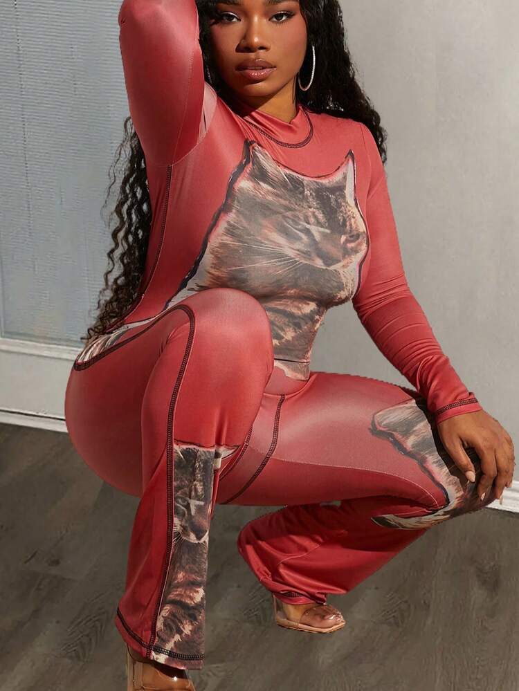 Women'S Patchwork Stitching Color Cat Print Jumpsuit