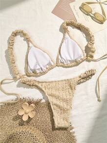 Swim Mod Summer Beach Textured Vacation Bikini Set Swimwear Set, Bikini Set Bathing Suit Beach Outfit - Apricot - View 2