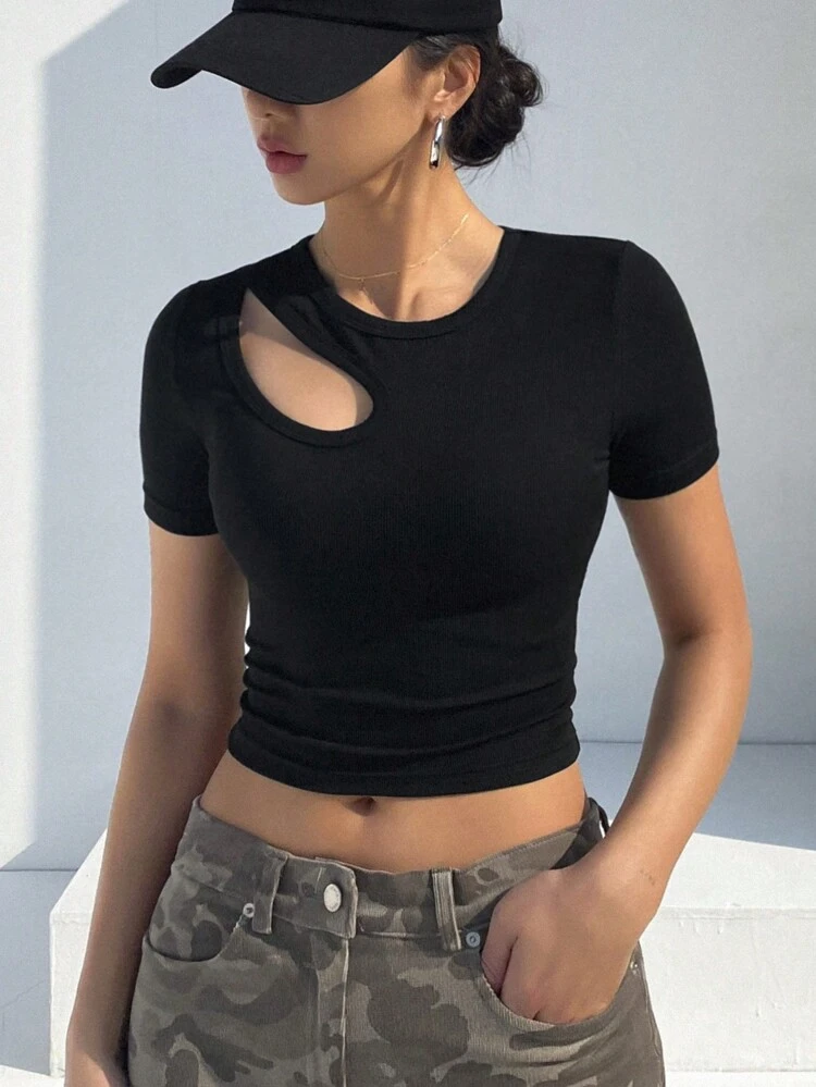 Solid Color Hollow Out Slim Fit Short Sleeve T-Shirt,Crop Tops Women