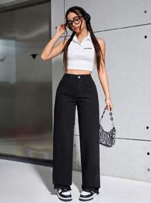 SHEIN Frenchy Ladies' Solid Color Denim Trousers With Pockets