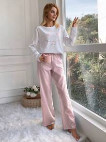 EURMUSE Women's Love Heart & Letter Print Top Striped Pants Pajama Set - Baby Pink - View 4