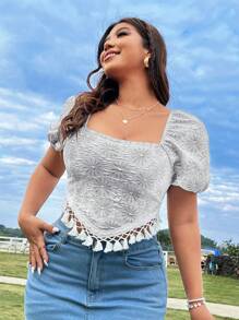 SHEIN SunnyBelle Kích thước lớn Của phụ nữ Mô hình hoa Textured Fringe Hem Áo sơ mi - Xám - Xem 5