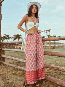 Soleia Pantalones Anchos Y Holgados Para Mujer Impresos Florales En Estilo Bohemio Casual Con Borlas Y Cordón, Perfectos Para Vacacionar - Multicolor - Ver 3
