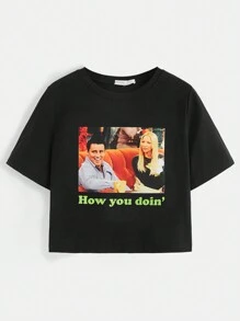 FRIENDS X SHEIN Figure And Slogan Graphic Short Sleeve Tee For Summer How You Doin'