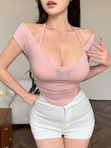 DAZY Của phụ nữ Ngắn tay Áo thun Với Loại bướm & Pha lê Chỉnh trang Cái cổ Dây đeo - Hồng - Xem 9