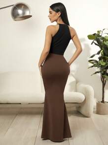 SHEIN SXY 單色不對稱擺中長裙 - 棕色 - 查看 2