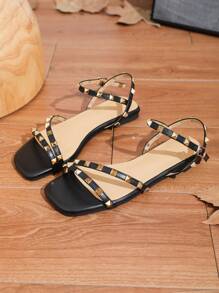 女式防滑方頭平底涼鞋,優雅黑色夏季平底涼鞋 - 黑色 - 查看 2