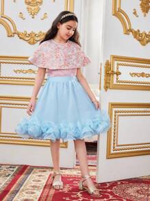 SHEIN Tween Girl Lovely Floral Printed Cape Top & Mesh Splicing Sleeveless Shirt & Organza Ruffled Skirt Set - Blue - View 5