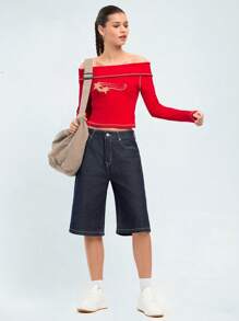 Forever 21 女性雙肩露出星星刺繡長袖t恤 - 紅色 - 查看 3