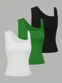 SHEIN LUNE 3入組女士純色不對稱領口肋紋背心上衣 - 彩色 - 查看 1