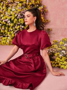 Modelyn Đầm dạ hội dài cổ tròn tay bồng bèo nhún màu trơn - Đỏ - Xem 3