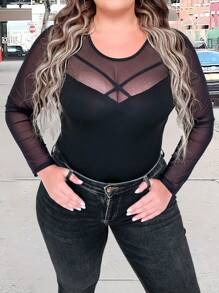 SHEIN LUNE 大碼網紗拼接肩部前交叉上衣 - 黑色 - 查看 5