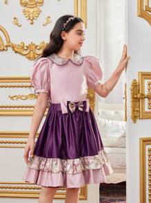 SHEIN Tween Girl Jacquard Turn-Down Collar Puff Sleeve Shirt And Colorblock A-Line Skirt Two-Piece Set