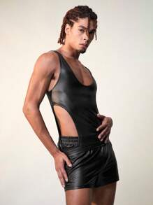 FeverCity Men's Sleeveless Stretchy Faux Leather Side Split Tank Top And Shorts Set - Black - View 3