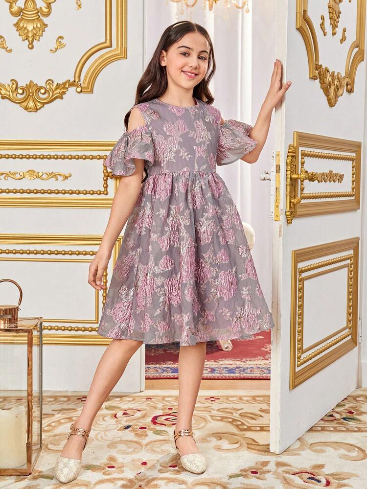 Tween Girls' Lovely Round Neck Embroidery Hollow Out Shoulder & Ruffled Sleeves Floral Dress