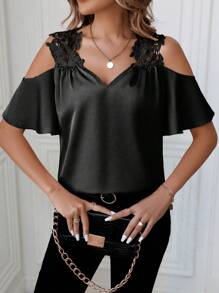 SHEIN Clasi Blusa De Hombros Descubiertos Con Encaje Y Parches - Negro - Ver 5