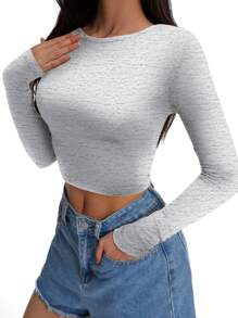 SHEIN Essnce Playera De Manga Larga Y Cuello Redondo Para Mujer, Con Corte Corto