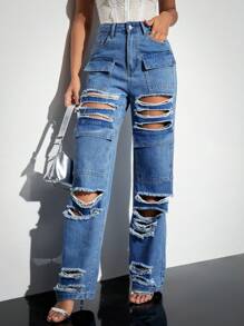 SHEIN BAE Vaqueros De Pernera Recta Con Rotos Y Agujeros
