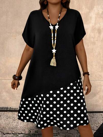 EMERY ROSE Plus Size Women'S V-Neck Asymmetric Shoulder And Hemline Polka Dot Patchwork Casual Summer Dress