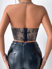 Allurite Áo corset ren cho nữ, gợi cảm bất đối xứng, ren tương phản, áo thun trơn không dây ôm vừa vặn màu đen cho nữ, trang phục xuân/hè, tiệc tùng/hộp đêm - màu đen - Xem 2