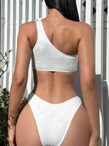 SHEIN Swim Ladies' One Shoulder Bikini Set With 3d Flower Decor, Beach Outfit Bathing Suit Summer - White - View 2