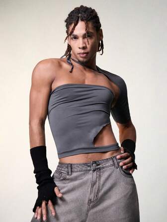 FeverCity 男士中空不對稱下擺純色短上衣t恤