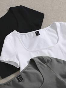 SHEIN EZwear 3件裝純色修身圓領短袖T恤 - 深灰色 - 查看 4