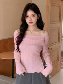 DAZY Off Shoulder Texture Long Sleeve T-Shirt Valentine Valentine's Day Summer,Back To School Clothes - Pink - View 3