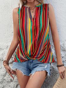 SHEIN VCAY Blusa Sin Mangas De Rayas Coloridas Con Escote En V - Multicolor - Ver 6