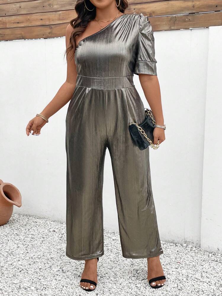 Plus Size One Shoulder Puff Sleeve Jumpsuit