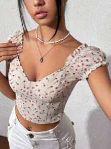 Flirla Floral Print Cropped Shirt With Sweetheart Neckline - Beige - View 5