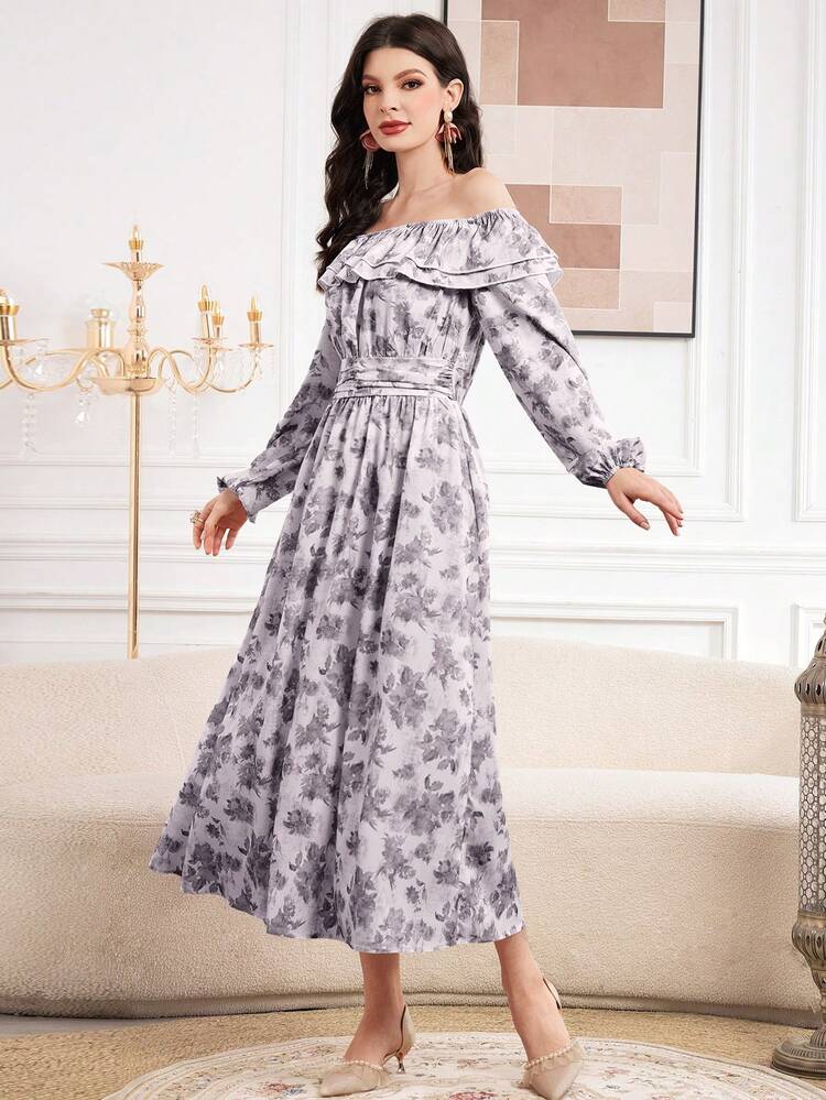 Women's Printed Off Shoulder Dress Long Evening Dresses Fall Cloth For Women