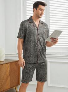 Men's Botanical Print Short Sleeve T-Shirt And Shorts Pajama Set - Black and White - View 4