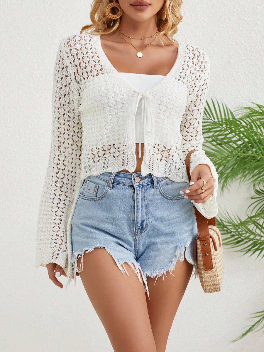 Women's Front Tie Scalloped Hem Bell Sleeve Cardigan - White - View 1