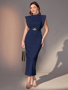Modelyn 女式流苏装饰宽肩紧身连衣裙 - 藏蓝色 - 查看 5