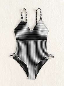 青春期女孩條紋連體泳衣,配有蝴蝶結裝飾,適用於夏季游泳、沙灘 - 黑與白 - 查看 4