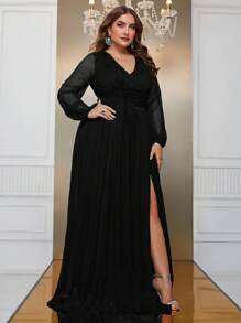 YISIKADO Plus Size Long Sleeve Solid V-Neck Dress With Side Split - Black - View 3