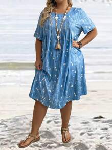 EMERY ROSE Plus Size Summer Floral Printed Short Sleeve Dress - Blue - View 4