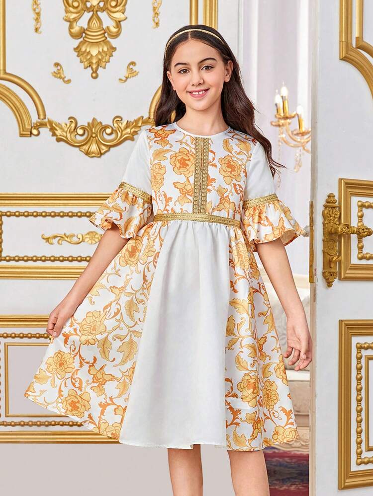 Tween Girls' Casual Round Neck Colorblock Patchwork Dress With Ruffle Hem And Weave Belt Decoration