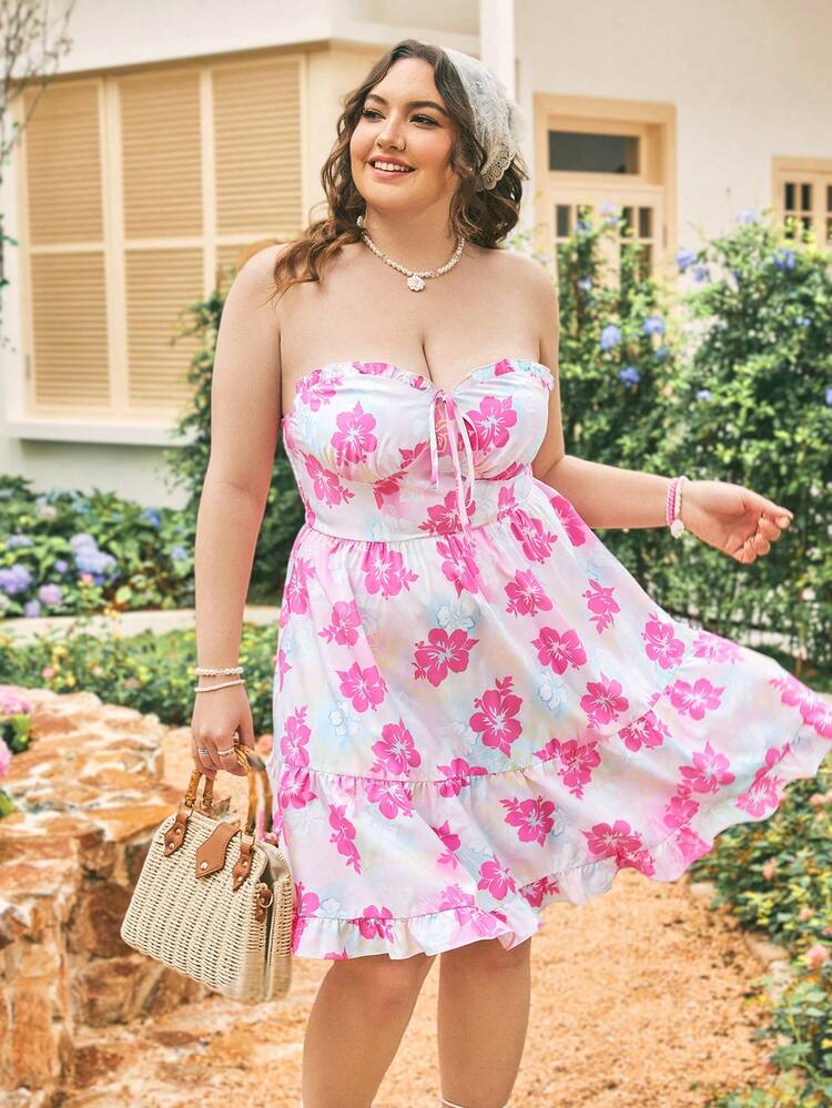 Plus Size Shirred Tube Dress With Adjustable Drawstring, Frill Trim, Floral Print For Summer Holiday