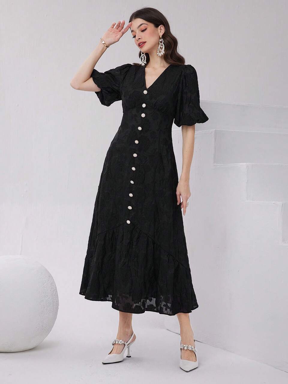 Ladies' Solid Color Jacquard Bubble Sleeve Front Buttoned Dress Long Evening Dresses