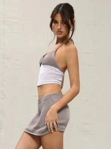 MUSERA 海滩度假灰色撞色针织露脐上衣优雅春季性感可爱波西米亚风海滩度假 - 彩色 - 查看 3