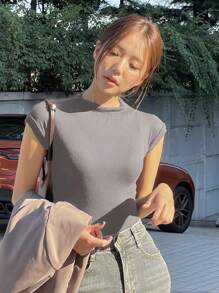 DAZY Solid Color Slim Fit T-Shirt With Stand Collar - Light Grey - View 3